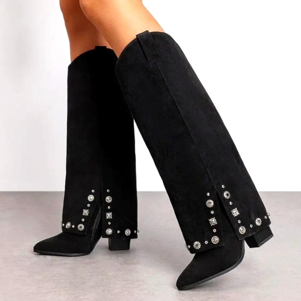 Black Embellished Knee-High Boots Sz 8